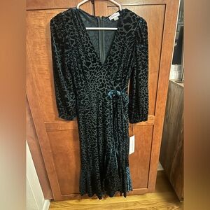 Calvin Klein Green Velvet Leopard Print Wrap Dress NWT